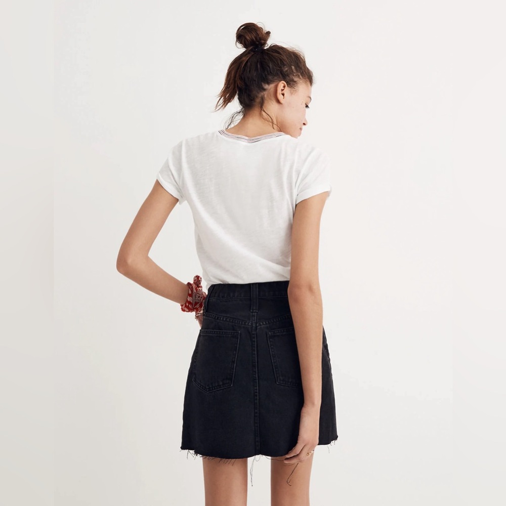 MADEWELL 100% Cotton Black Denim Mini High-Waist A-Line Frayed Hem Casual Skirt - Picture 11 of 16